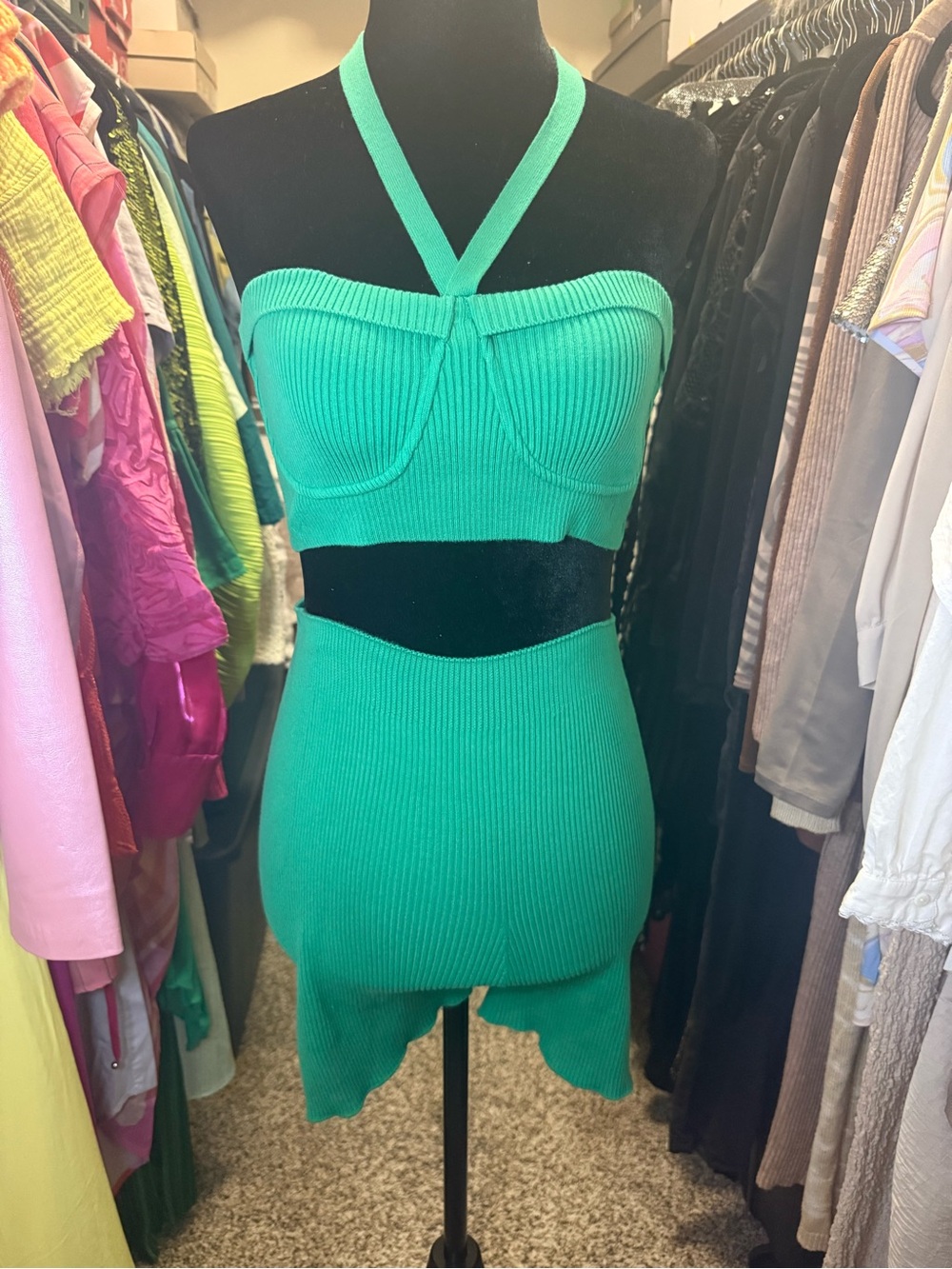 Zara Emerald Green Ribbed Halter Crop & Skirt Set